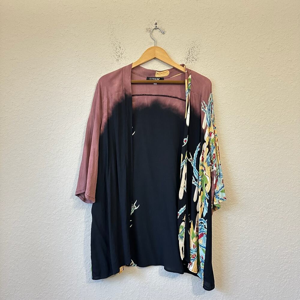 CITRON Kimono Cardigan Black Mauve Dragon Print 3/4 Sleeve Open Front